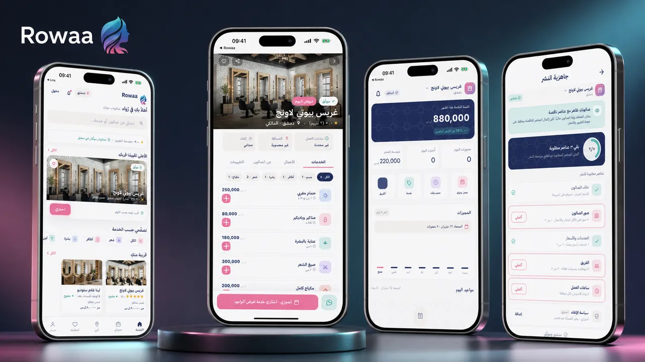 واجهة قصة مشروع Rowaa تعرض تطبيق العميلة ولوحة Rowaa Business ضمن إطار Cloudrix.